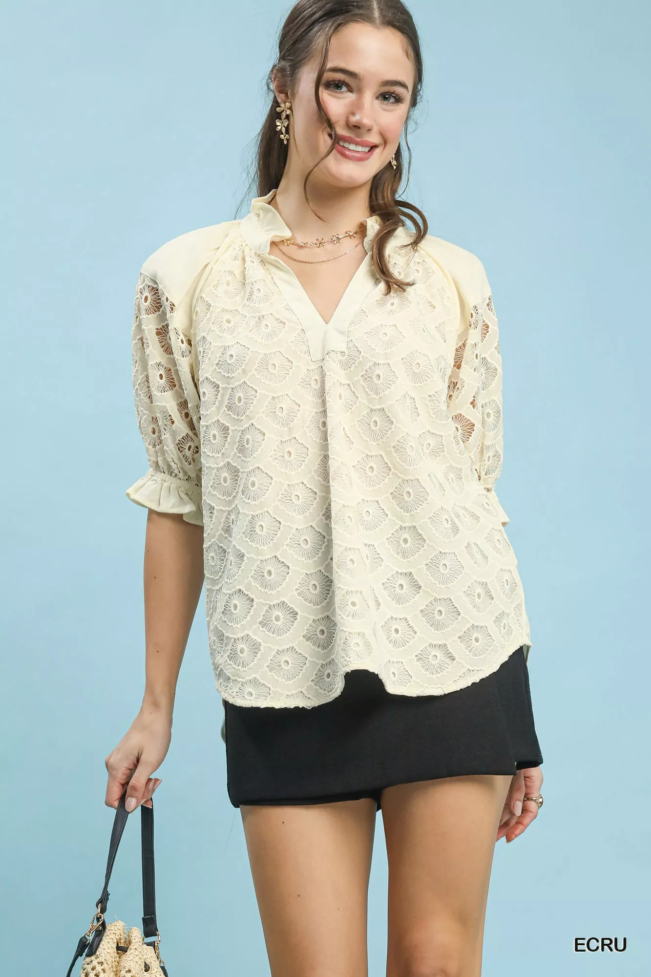 Solid Umgee Linen V-Neck Lace Puff Sleeve Top Powerful