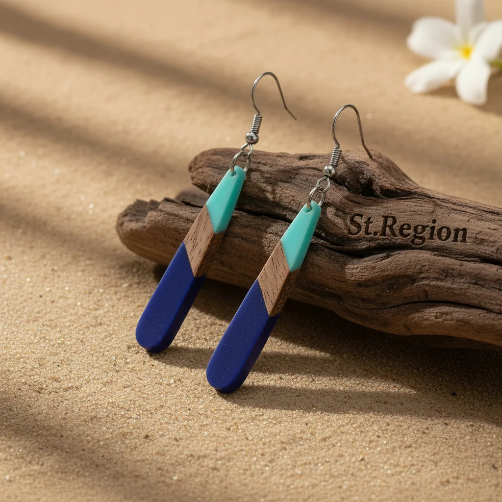 Clean Mint Green Navy Blue Resin Wood Silvertone Teardrop Hook Earrings Quality