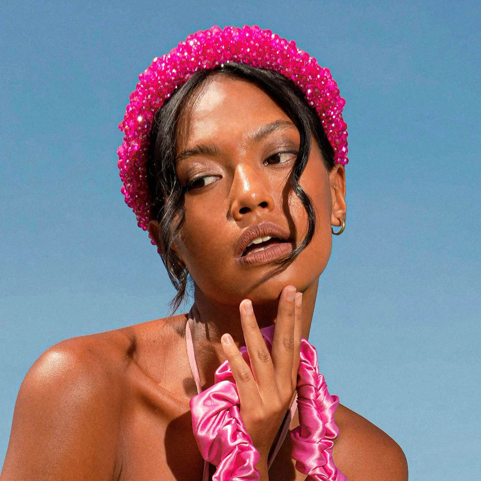 Traditional CROWN Glass Crystal Beads Headband In Shocking Pink Next-Generation