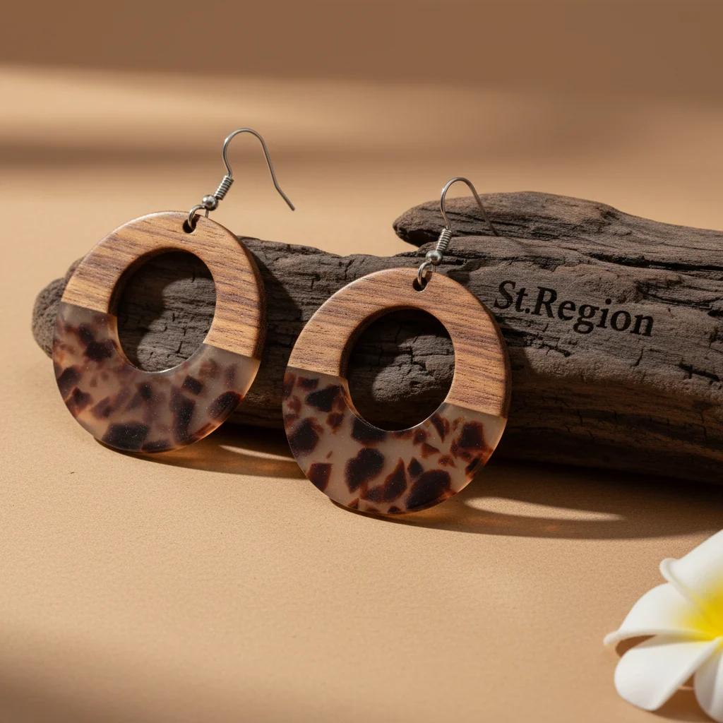 Sustainable Brown Resin Wood Silvertone Leopard Print Open Round Hook Earrings Luxury