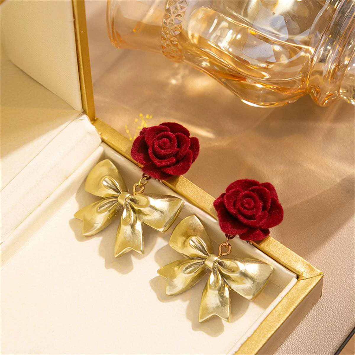 Convenient Red Nylon Goldtone Rose Bow Drop Earrings Comfortable