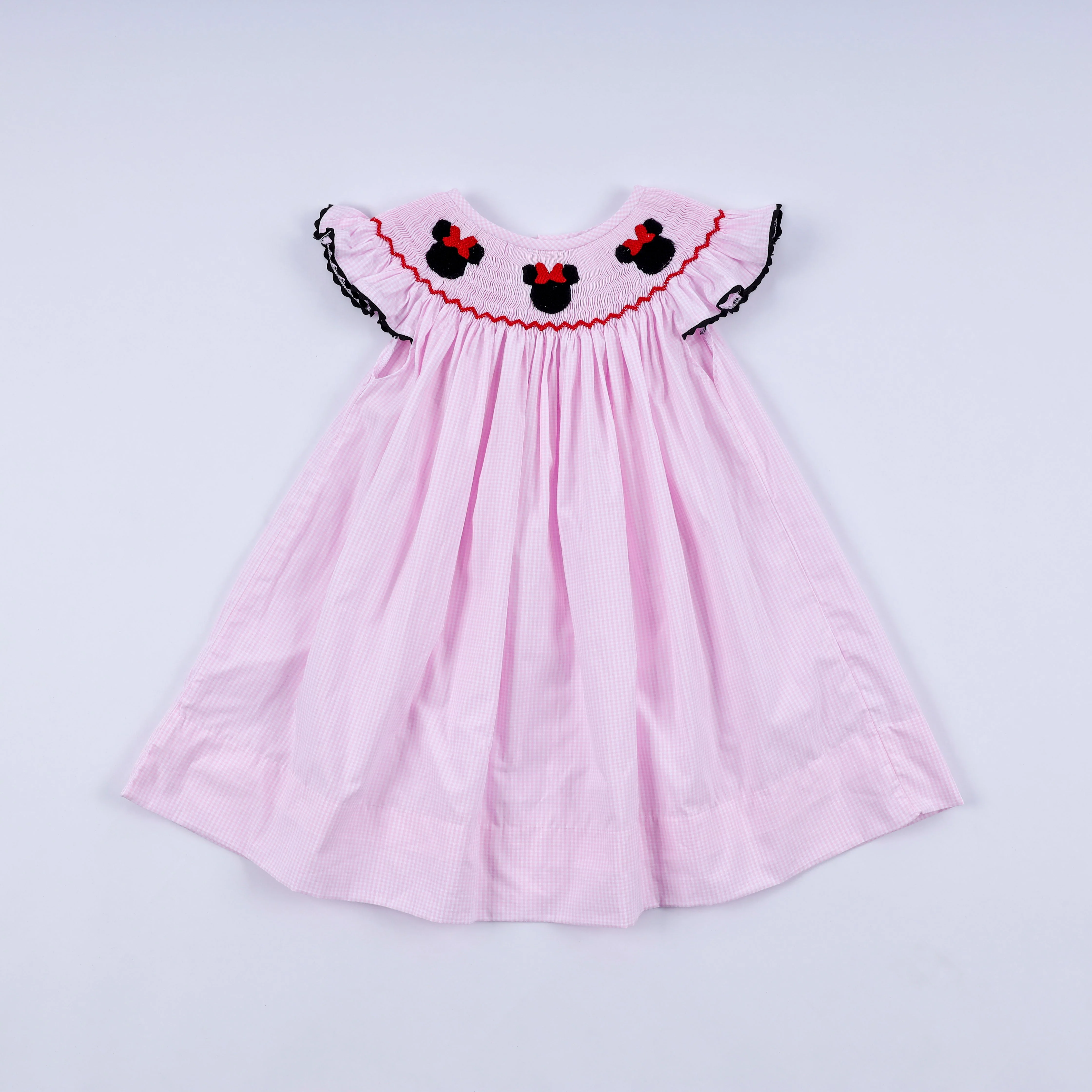 Quality Red character hand smocked plaid ruffle dress High-Grade