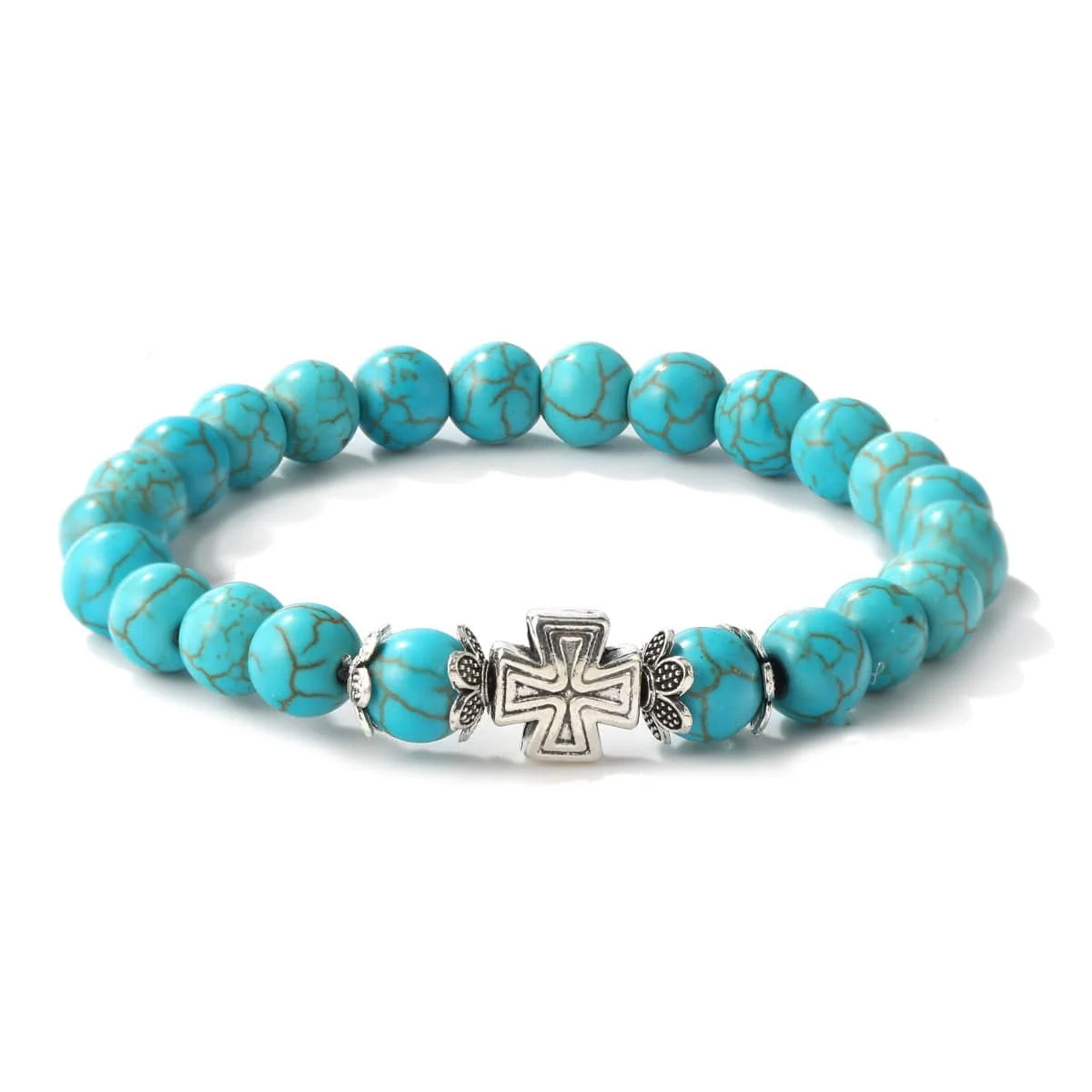 Casual Turquoise Silvertone Cross Charm Beaded Stretch Bracelet Superior