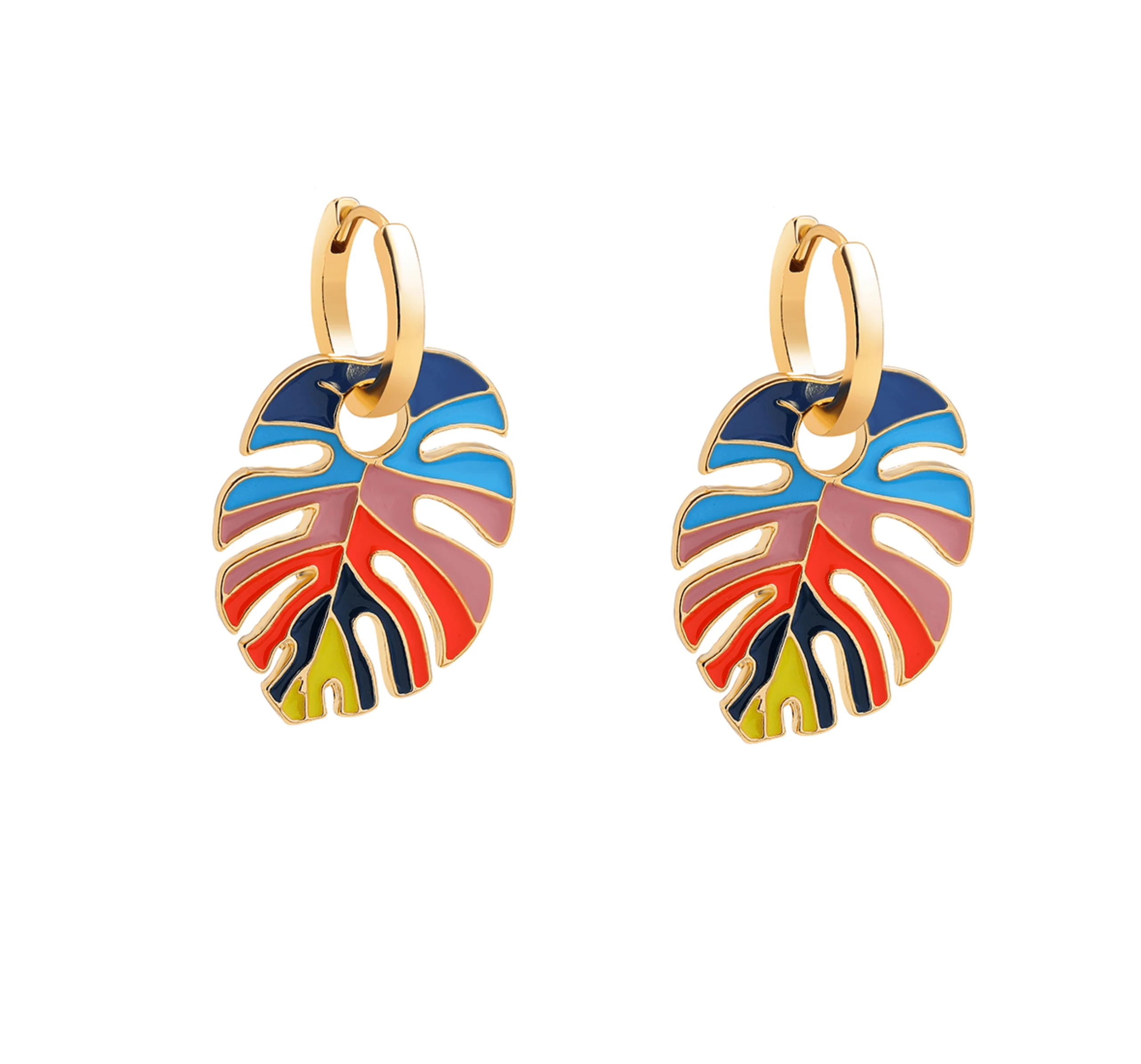 Consistent Goldtone Multicolour Monstera Leaf Hoop Earrings Advanced