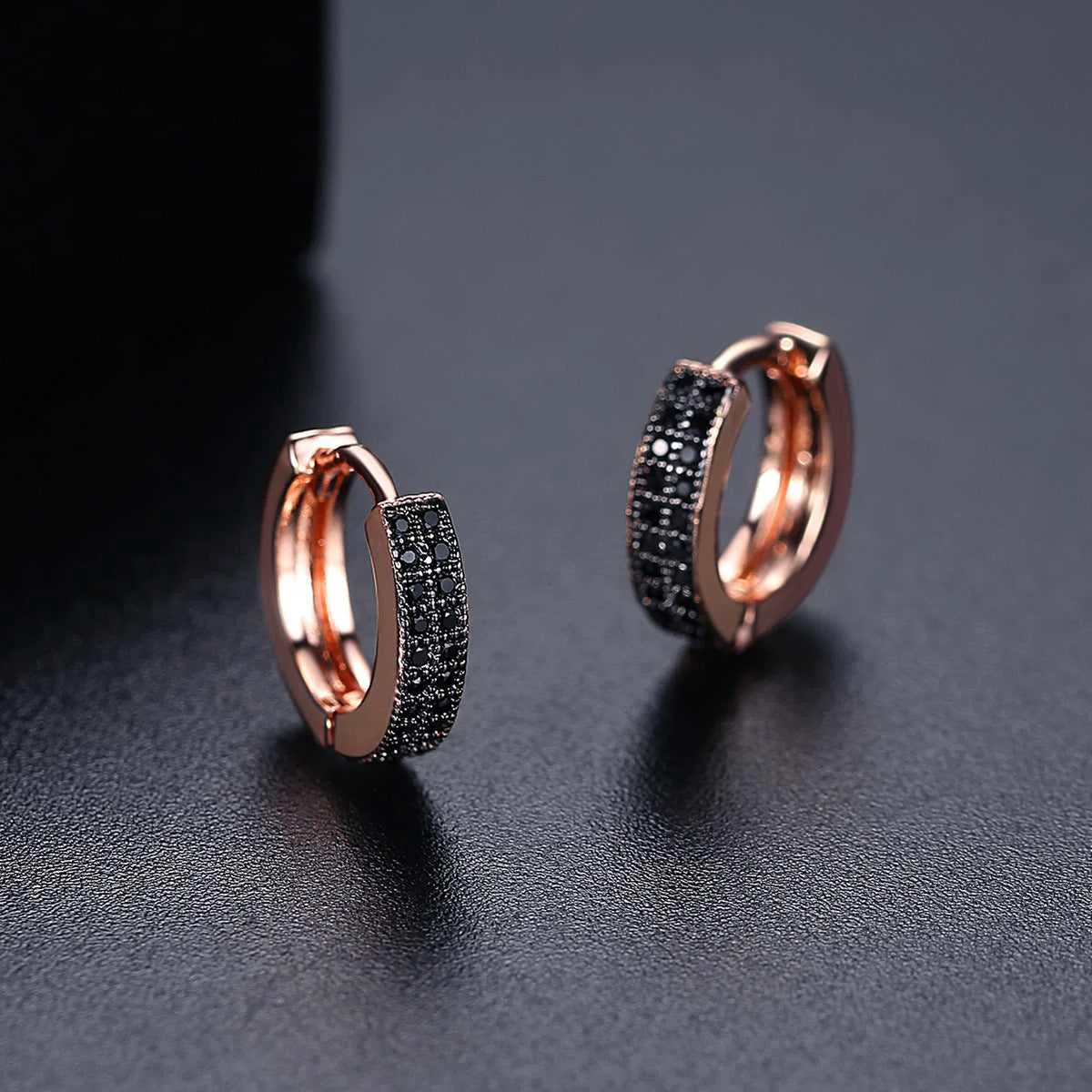 Certified Black Cubic Zirconia Rose Goldtone Huggie Earrings Optimized