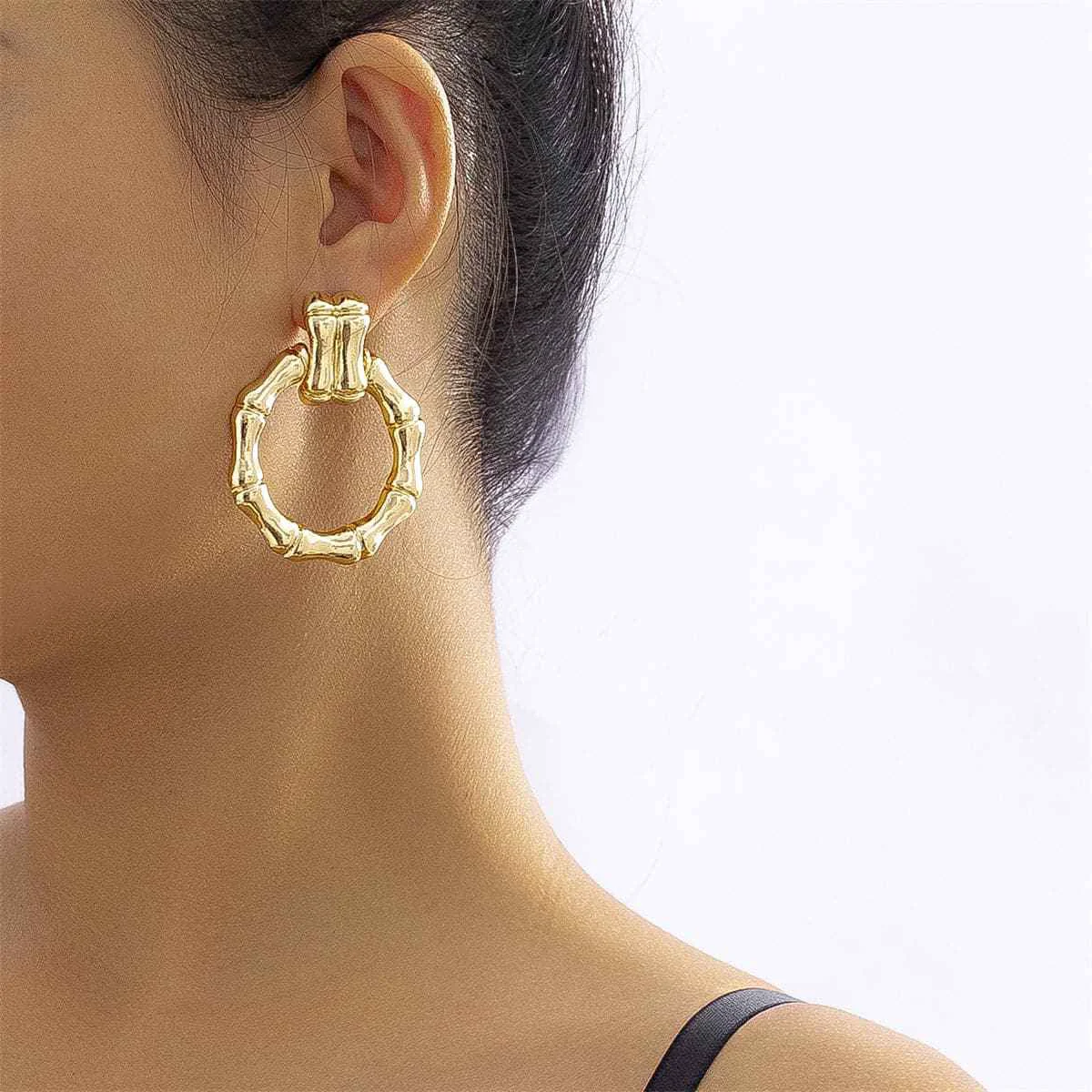 Clean Goldtone Bamboo-Shaped Round Drop Earrings Elegant