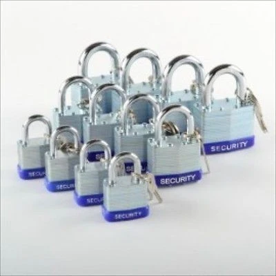 Artisan 12 Piece Pack of Assorted Size Laminated Pad Lock Padlocks Security Set Locks Durable