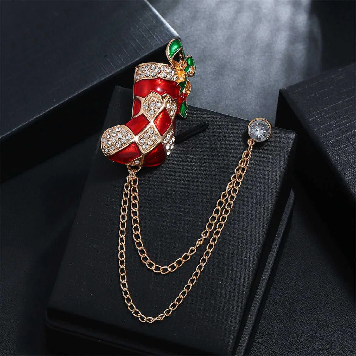 Powerful Red Enamel Cubic Zirconia Goldtone Stocking Boot Chain Brooch Long-Lasting