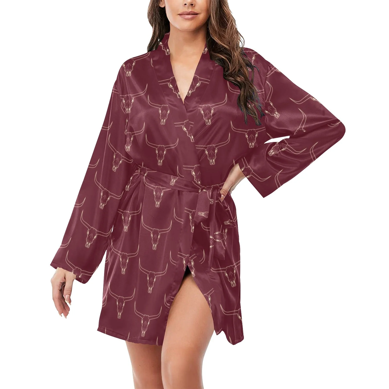 Genuine Burgandy Longhorn Women's Belted Satin Feel Dressing Lounge Robe Practical