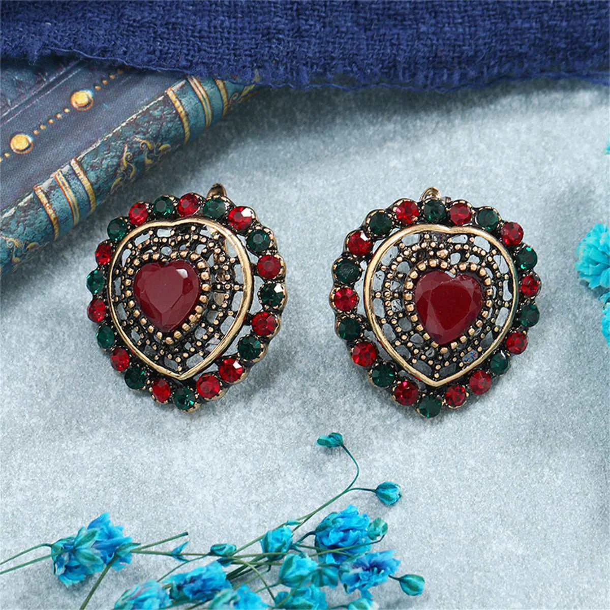 Solid Red Crystal Cubic Zirconia Heart Huggie Earrings Functional