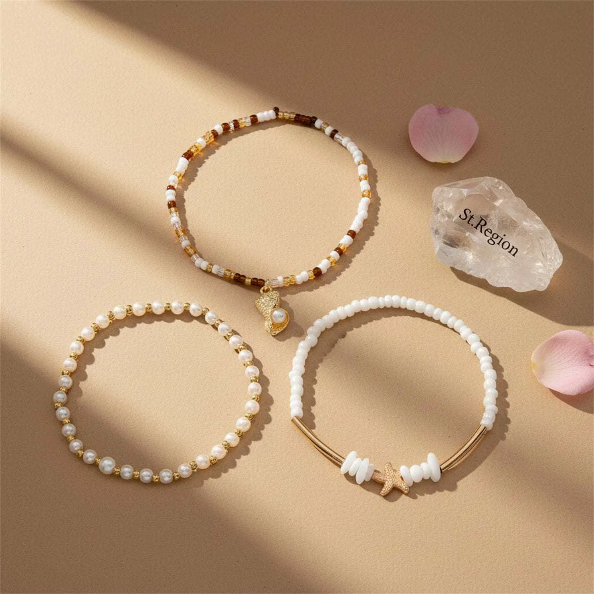 Classic Pearl Multi-Colored Acrylic Goldtone Curved Bar Stretch Anklet Set Fashionable