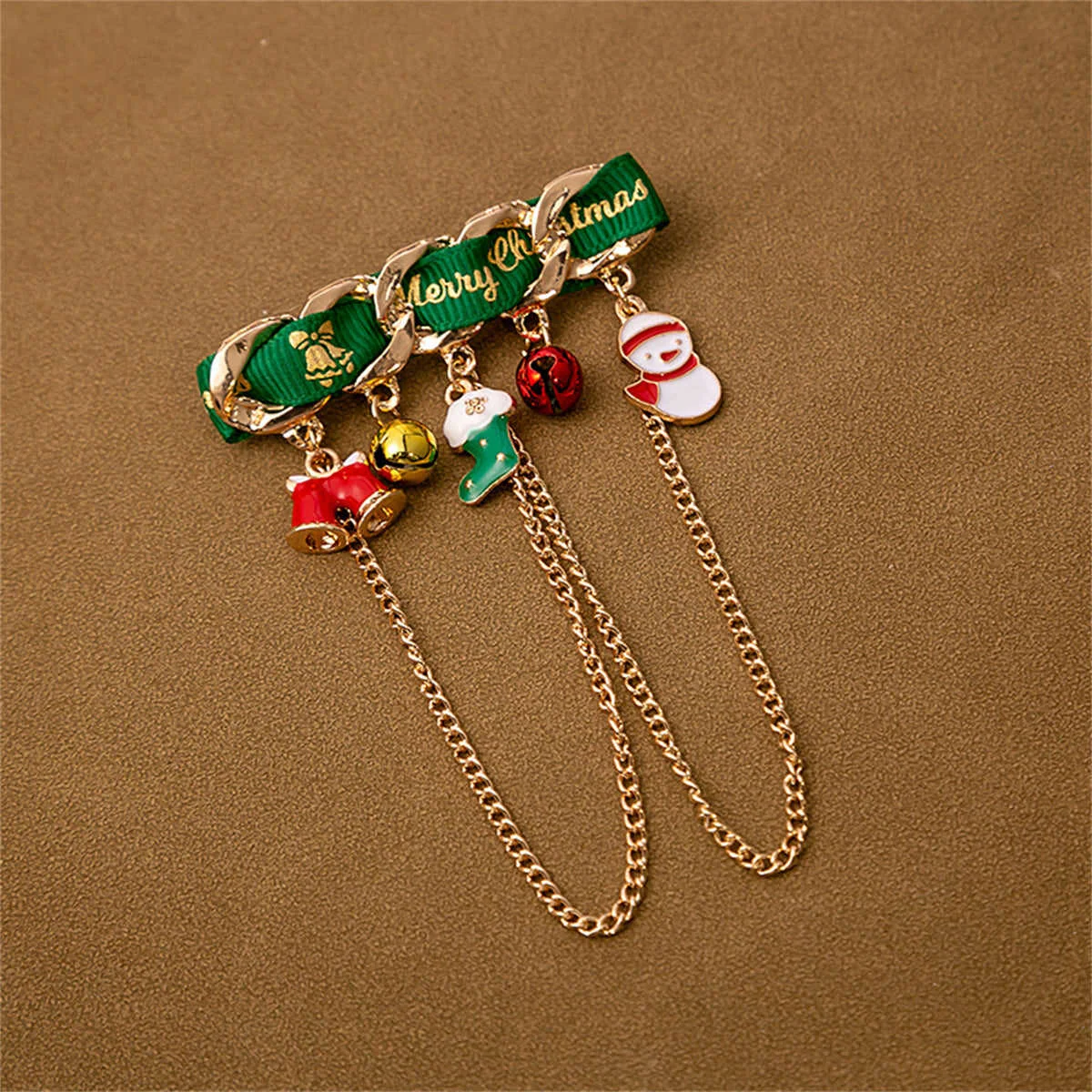Healthy Green Enamel Goldtone Bell Stocking Snowman Charm Brooch High-Grade