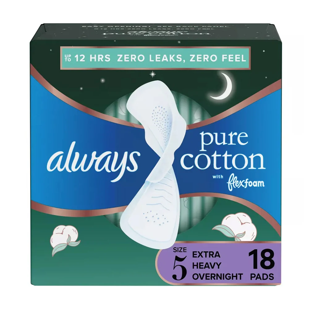 High-Performance Pure Cotton Feminine Pads With WIngs Extra Heavy Overnight Absorbency Size 5 18 Ea Environmentally Friendly