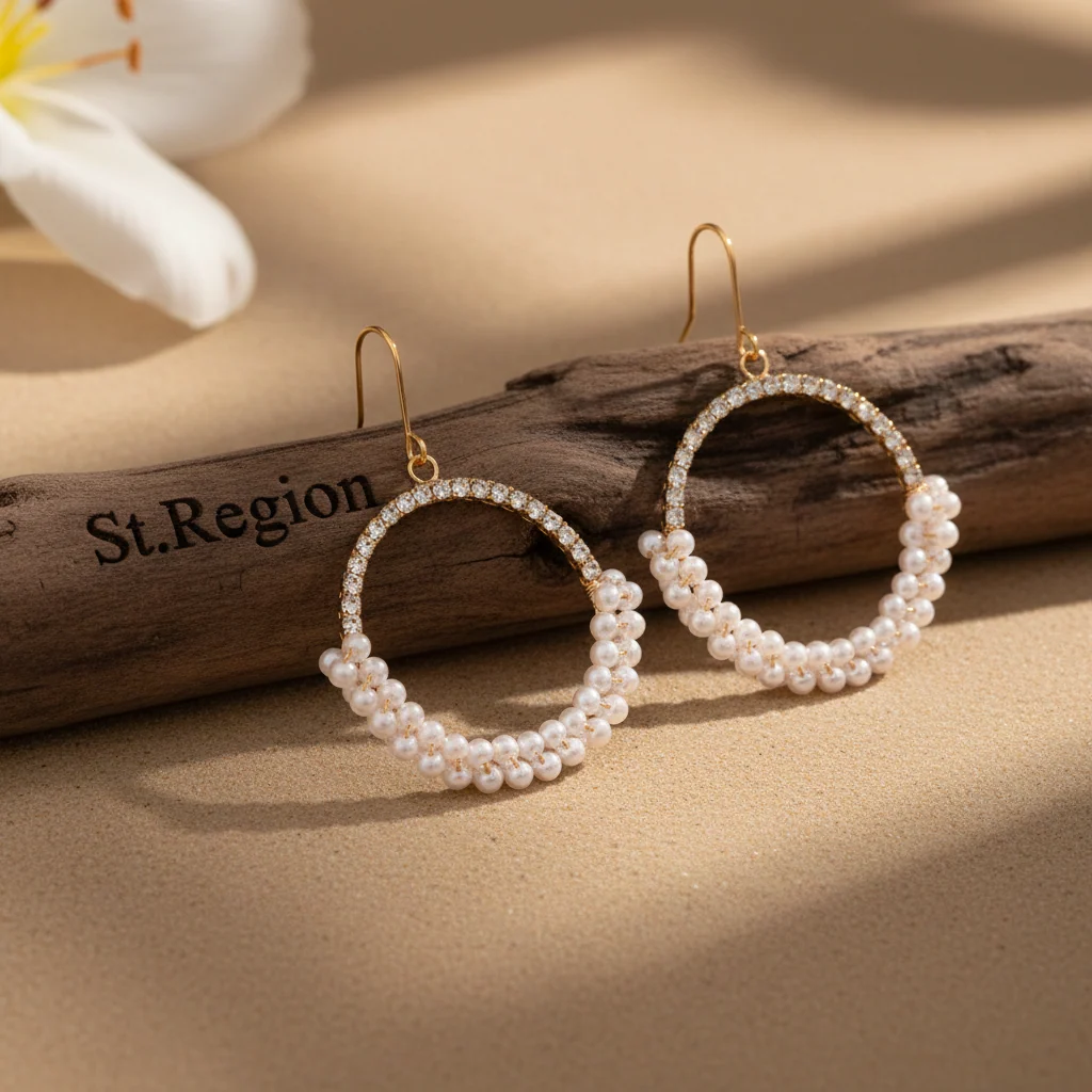 Trendy Pearl Cubic Zirconia Goldtone Beaded Hoop Hook Earrings Detailed