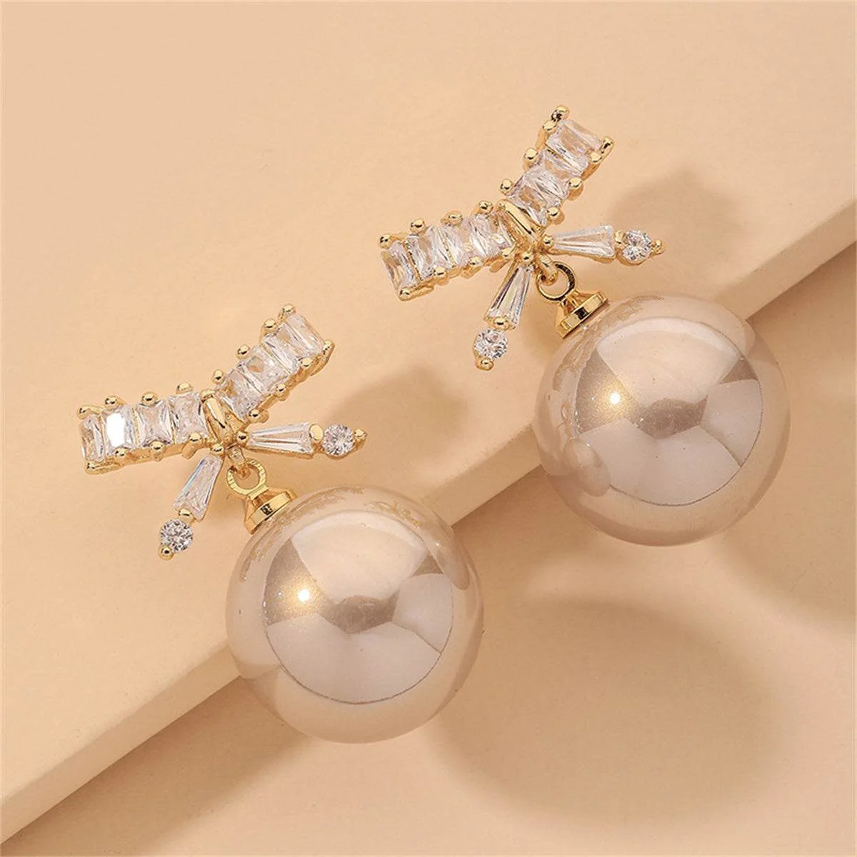 Top-Quality White Crystal Pearl Goldtone Bow Drop Earrings Fine Crafted