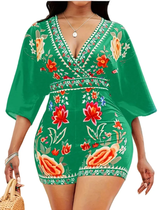 High-Quality Chic YC Women's Floral Print V-Neck Flare Sleeve Romper Summer Casual Boho Vacation Green Jumpsuit Long-Lasting