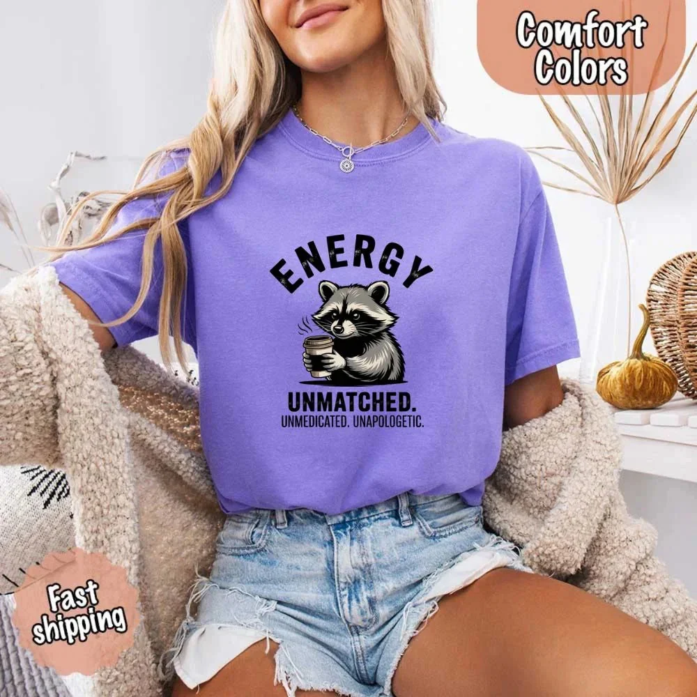 Organic Comfort Colors Energy Raccoon Coffee Funny T-Shirt Safe