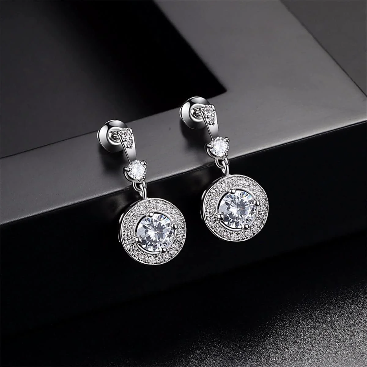 User-Friendly Crystal Cubic Zirconia Halo Round Drop Earrings Expertly Made