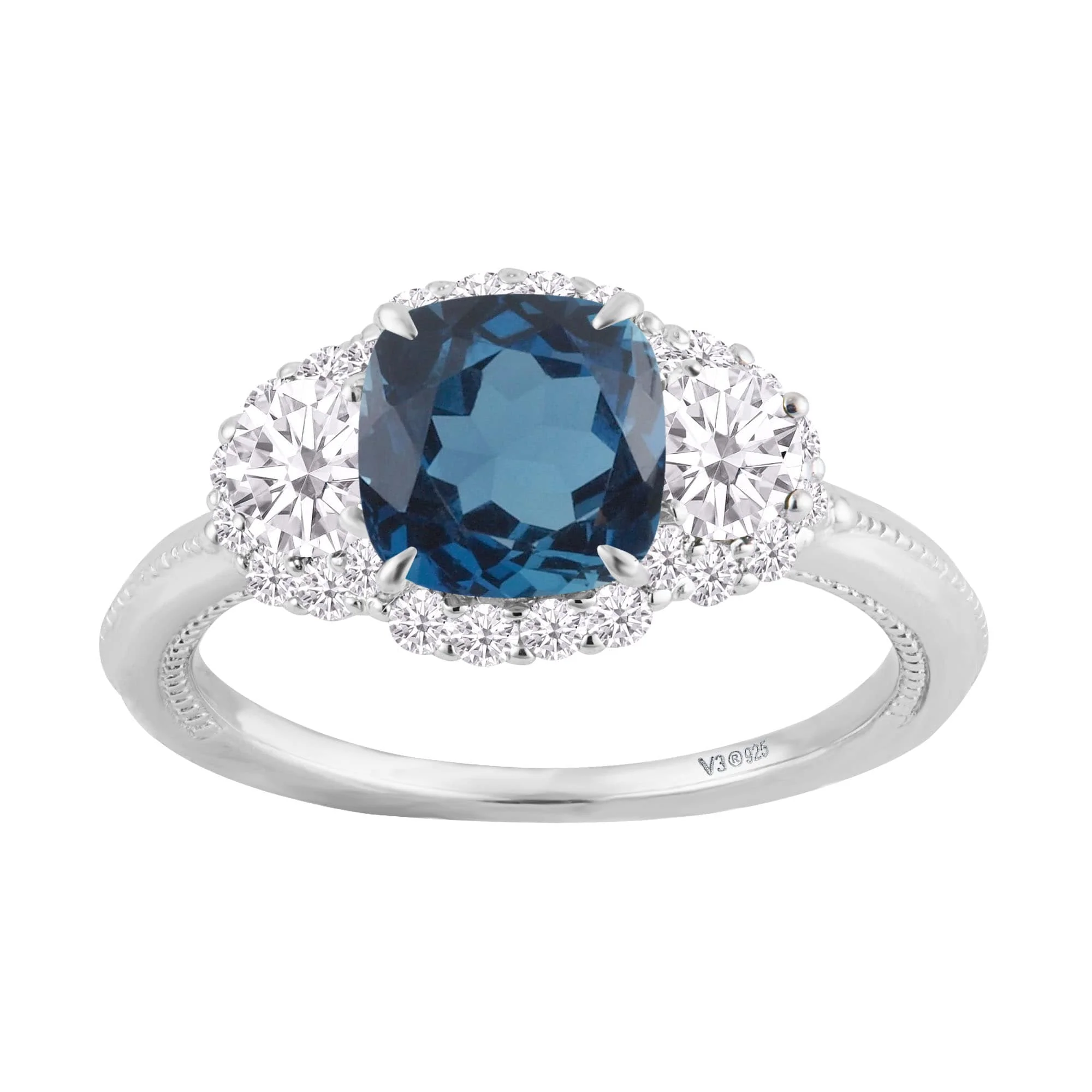 Trendy V3 Jewelry 925 Sterling Silver 2.43 Carat Natural London Blue Topaz Moissanite and White Zircon Three Stone Ring Original Design