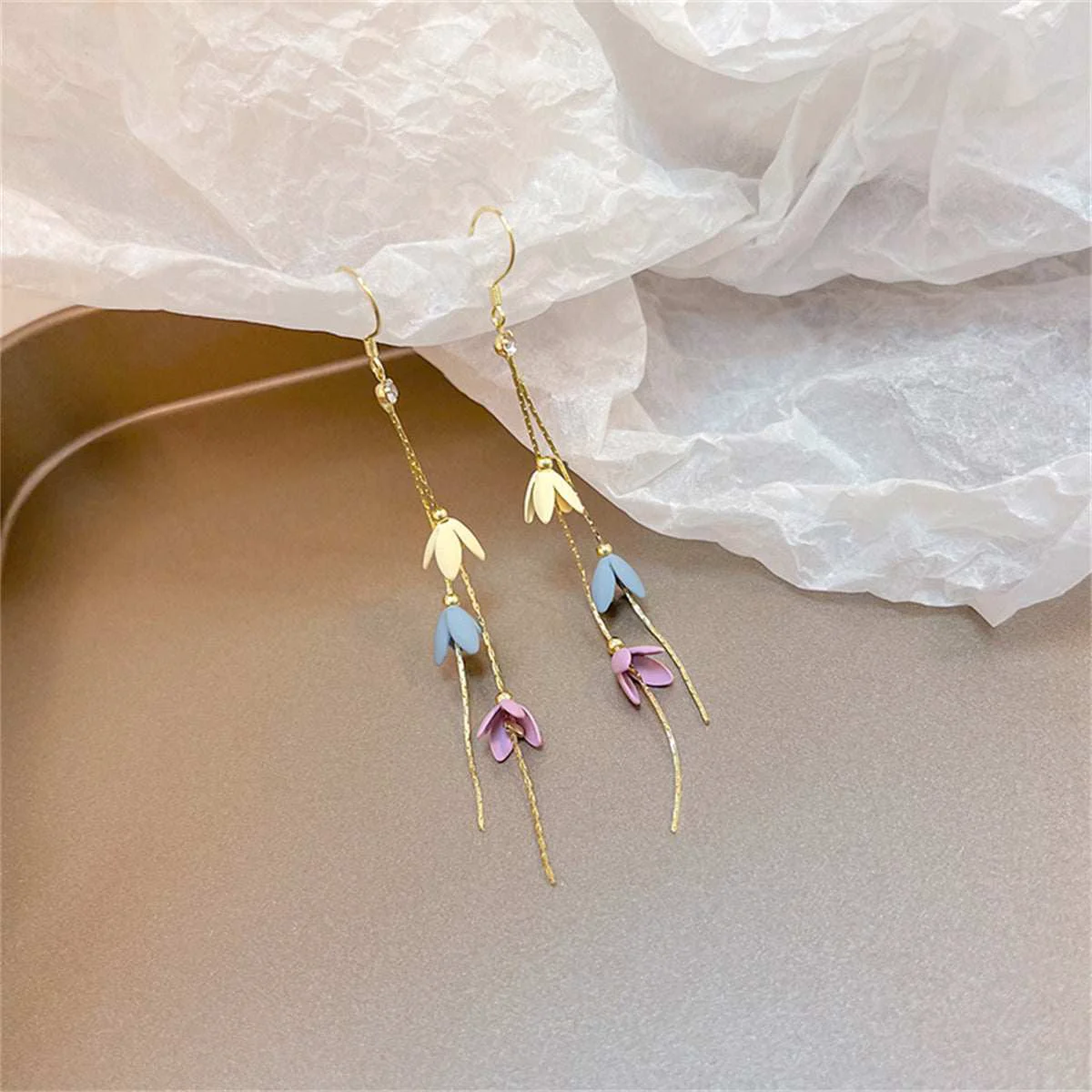 Casual Cubic Zirconia Enamel Goldtone Linked Floral Tassel Drop Earrings Prestigious