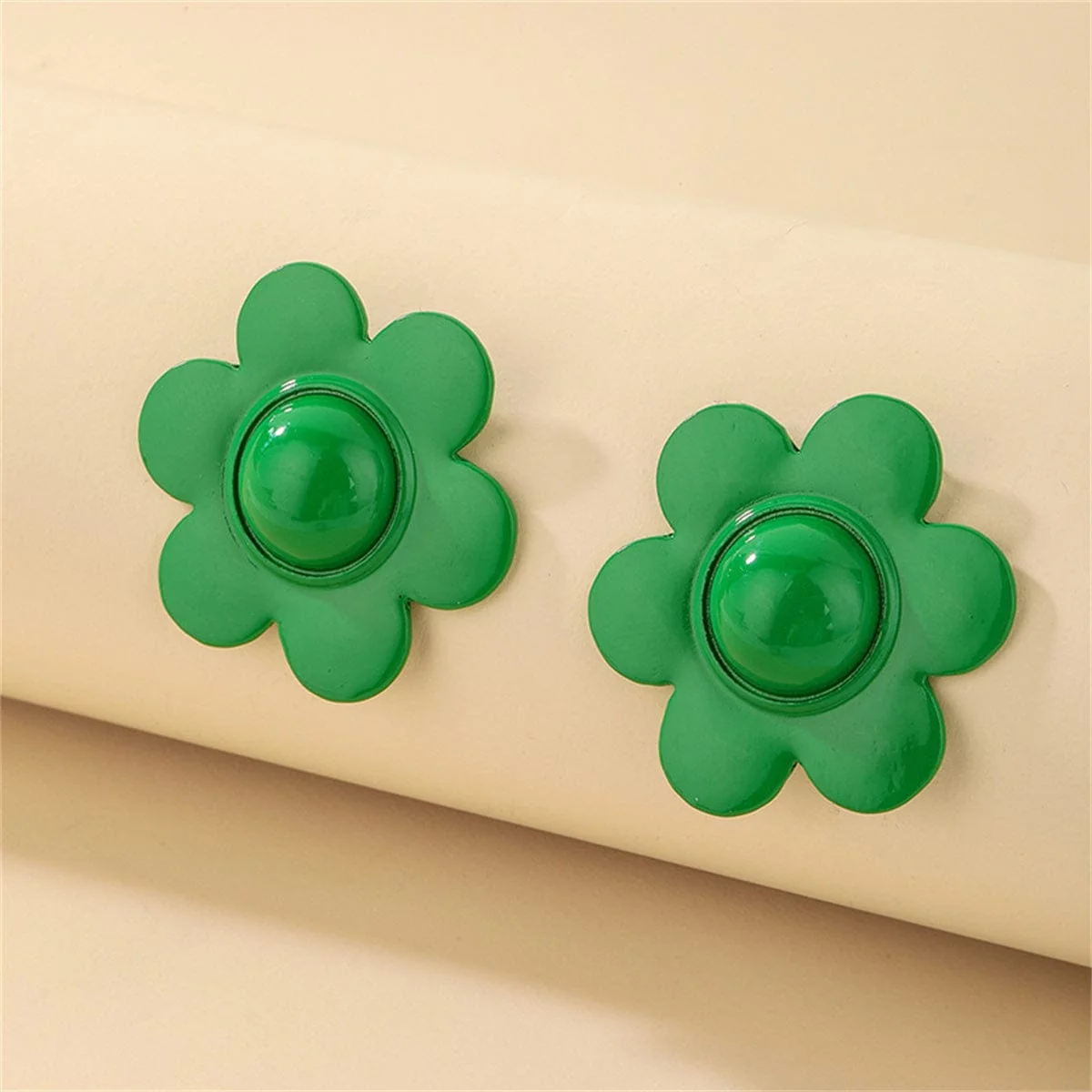 Detailed Green Enamel Silvertone Flower Stud Earrings Original