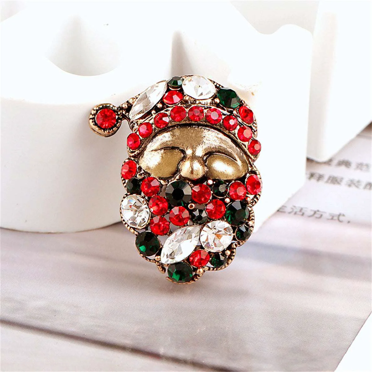 Detailed Green Cubic Zirconia Crystal Goldtone Santa Brooch Soft