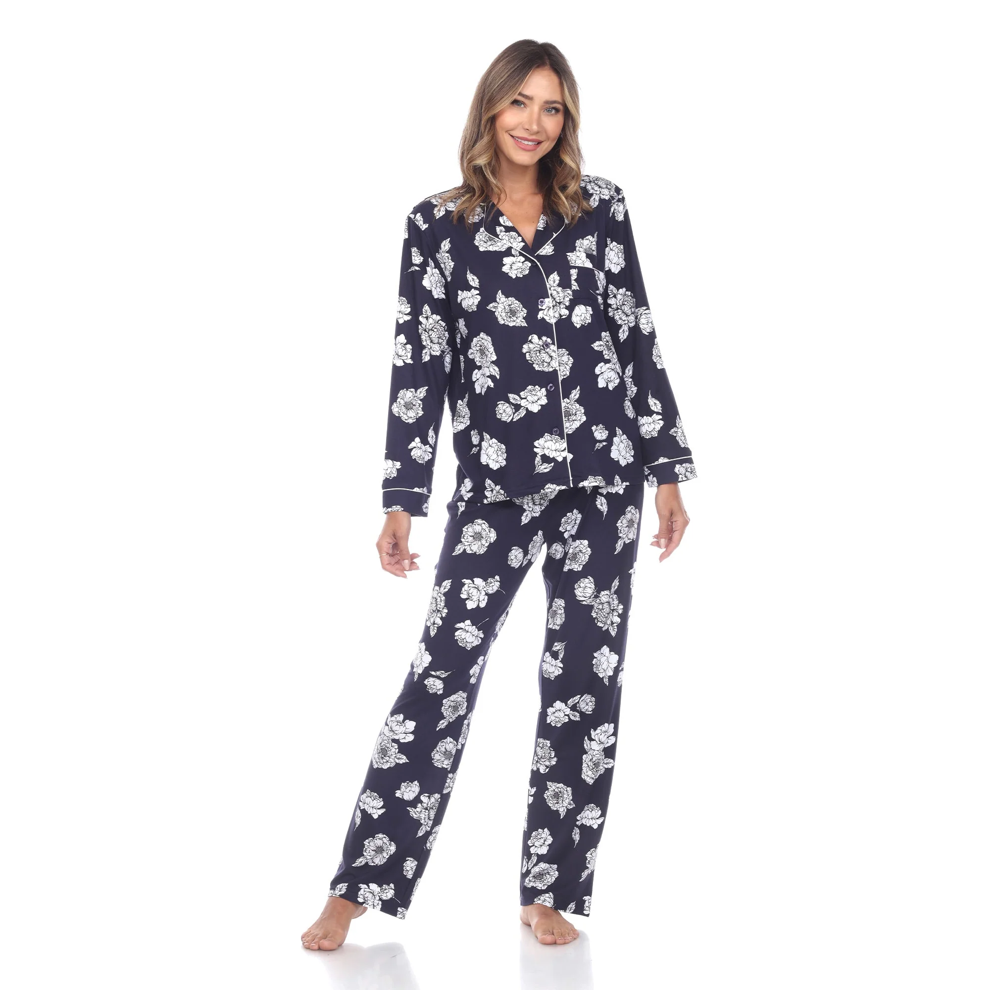 World-Class White Mark Women's Long Sleeve Floral Pajama Set Solid