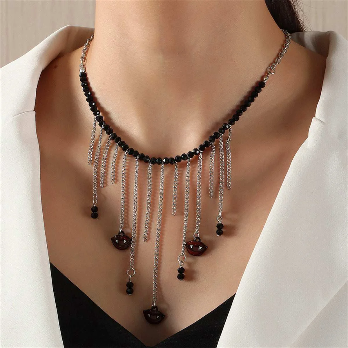 Specialty Black Acrylic Silvertone Vampire Tassel Choker Necklace Premium Material