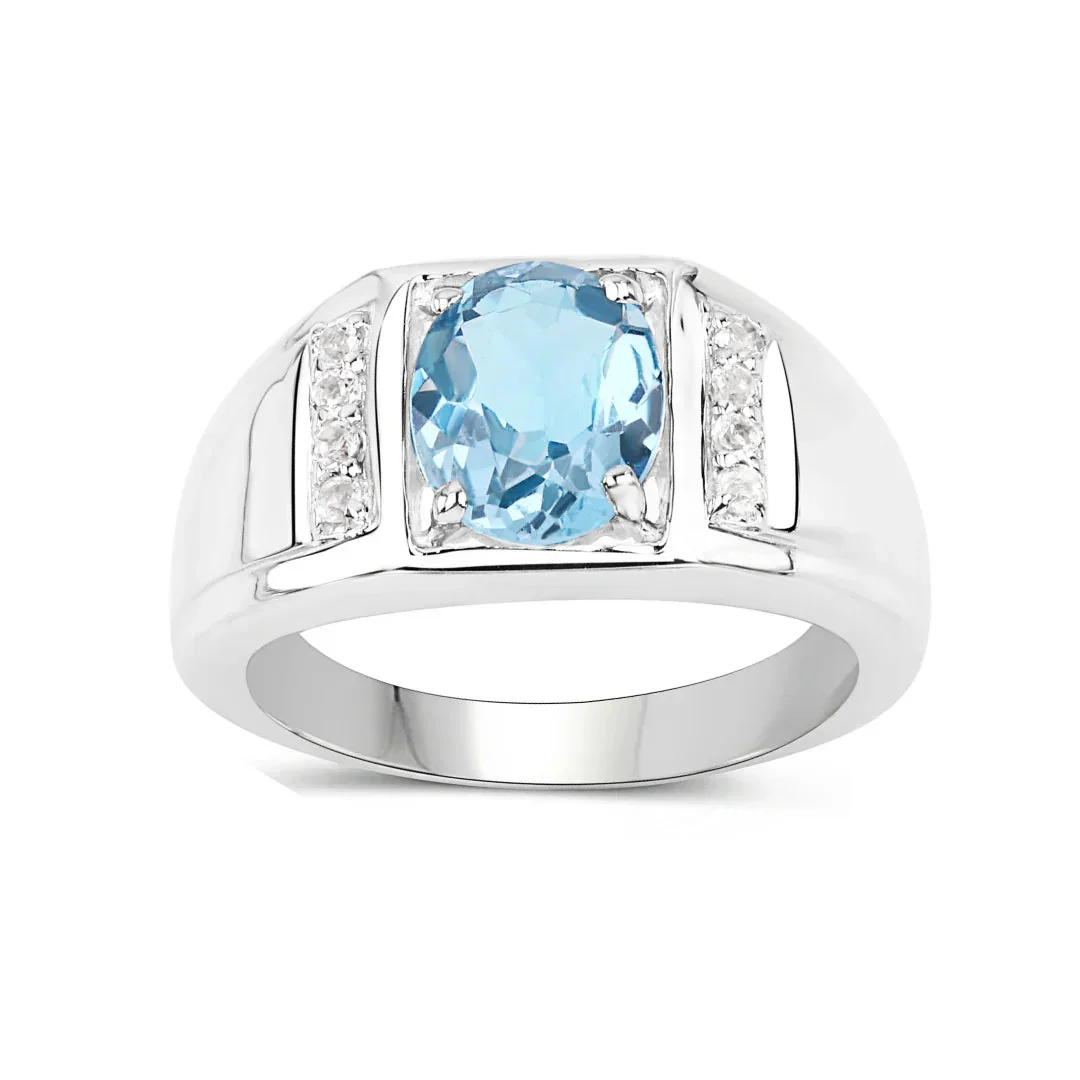 Detailed London Blue Topaz Sterling Silver Unisex Ring Long-Lasting