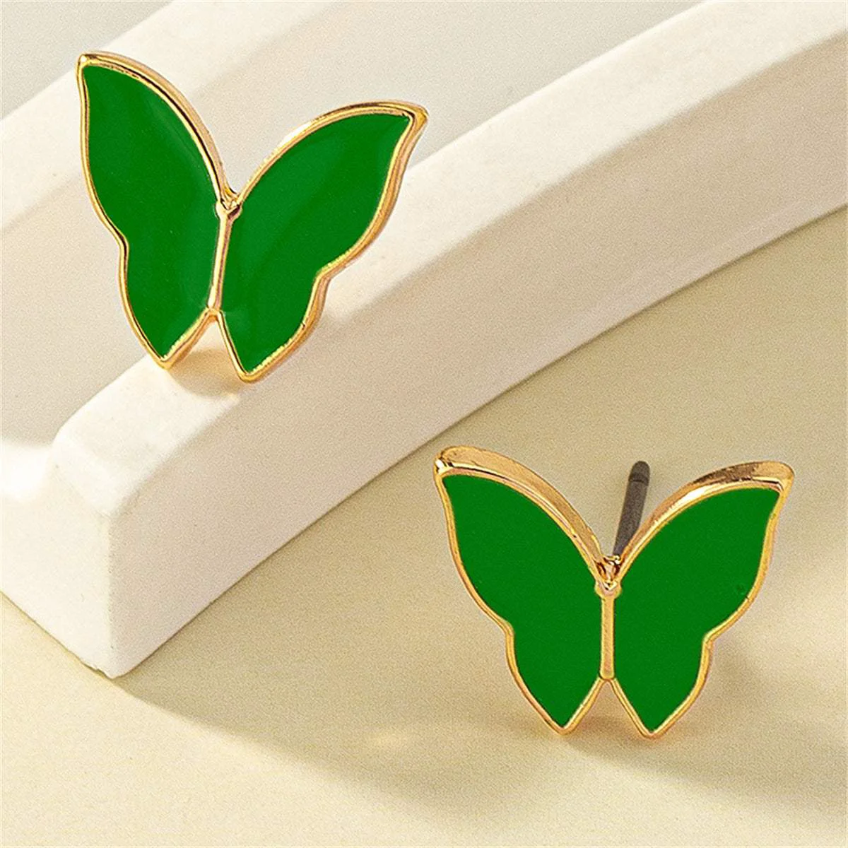 Contemporary Green Enamel Goldtone Butterfly Stud Earrings Flexible