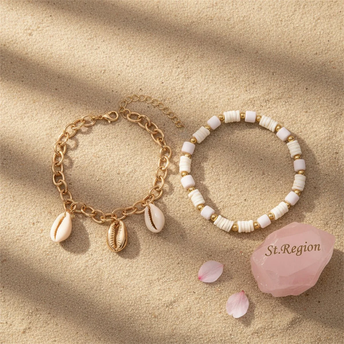Easy-to-Use Polymer Clay Shell Acrylic Goldtone Stretch Anklet Set High-Grade
