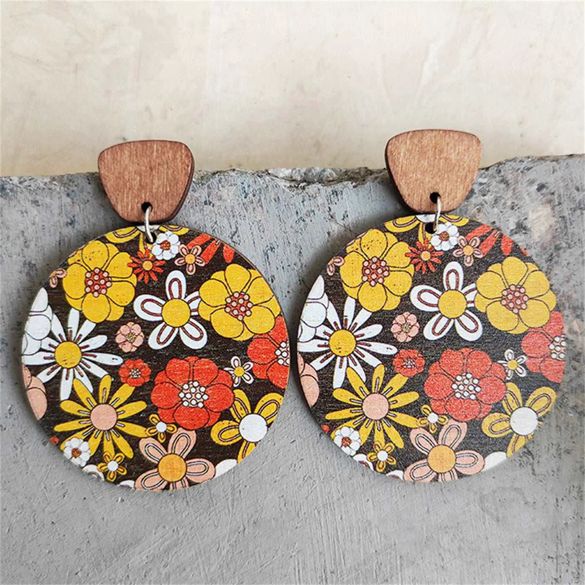 Soft Red Yellow Wood Floral Painted Round Drop Earrings Fast