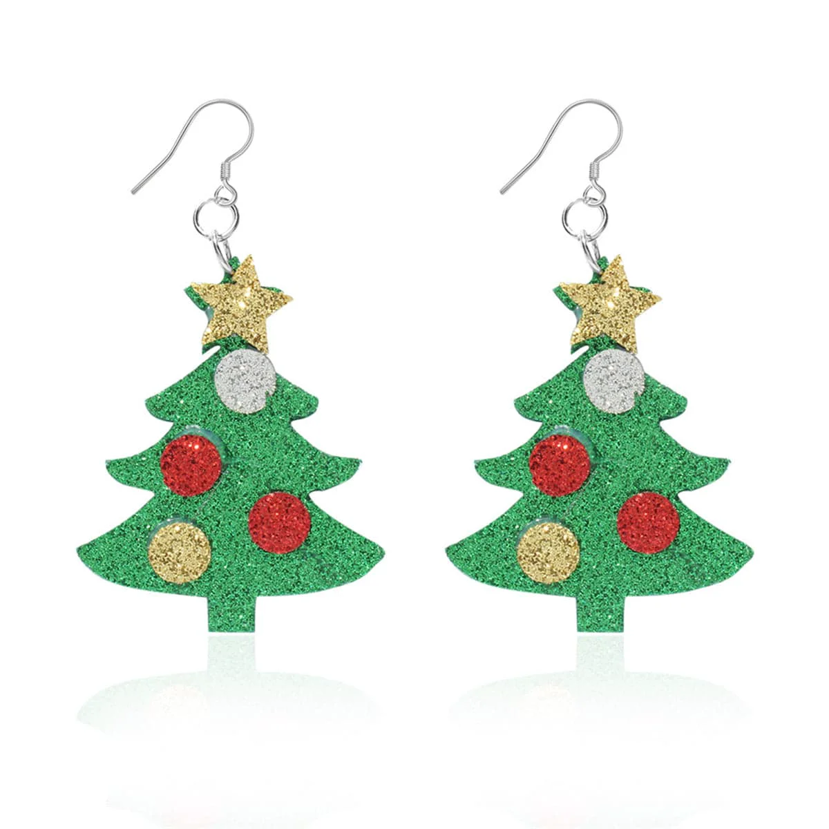 Specialty Green Polystyrene Silvertone Glitter Holiday Tree Drop Earrings Modern