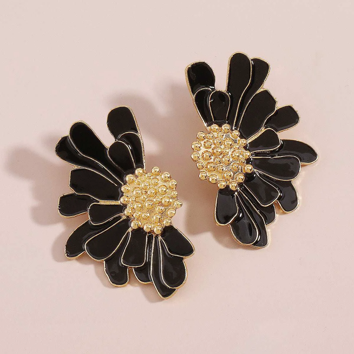 Advanced Black Enamel Goldtone Mum Stud Earrings Exceptional