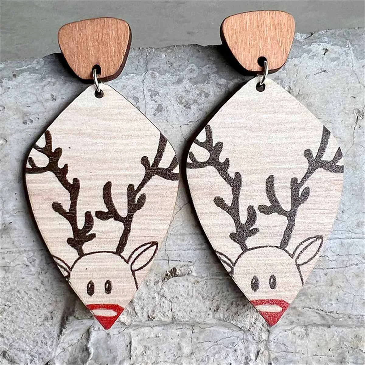 Smart Wood Silvertone Reindeer Rhombus Drop Earring Modern