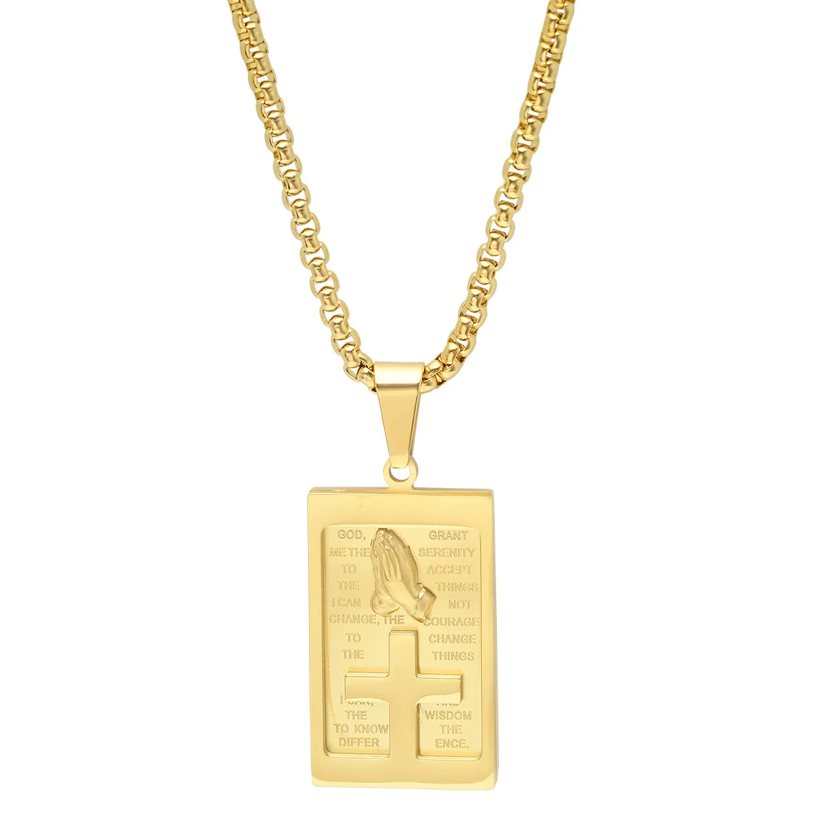 Verified 18K Gold Plated Stainless Steel Rounded Box Chain Necklace With Serenity Prayer Plate And Prayer Hands Pendant Proven