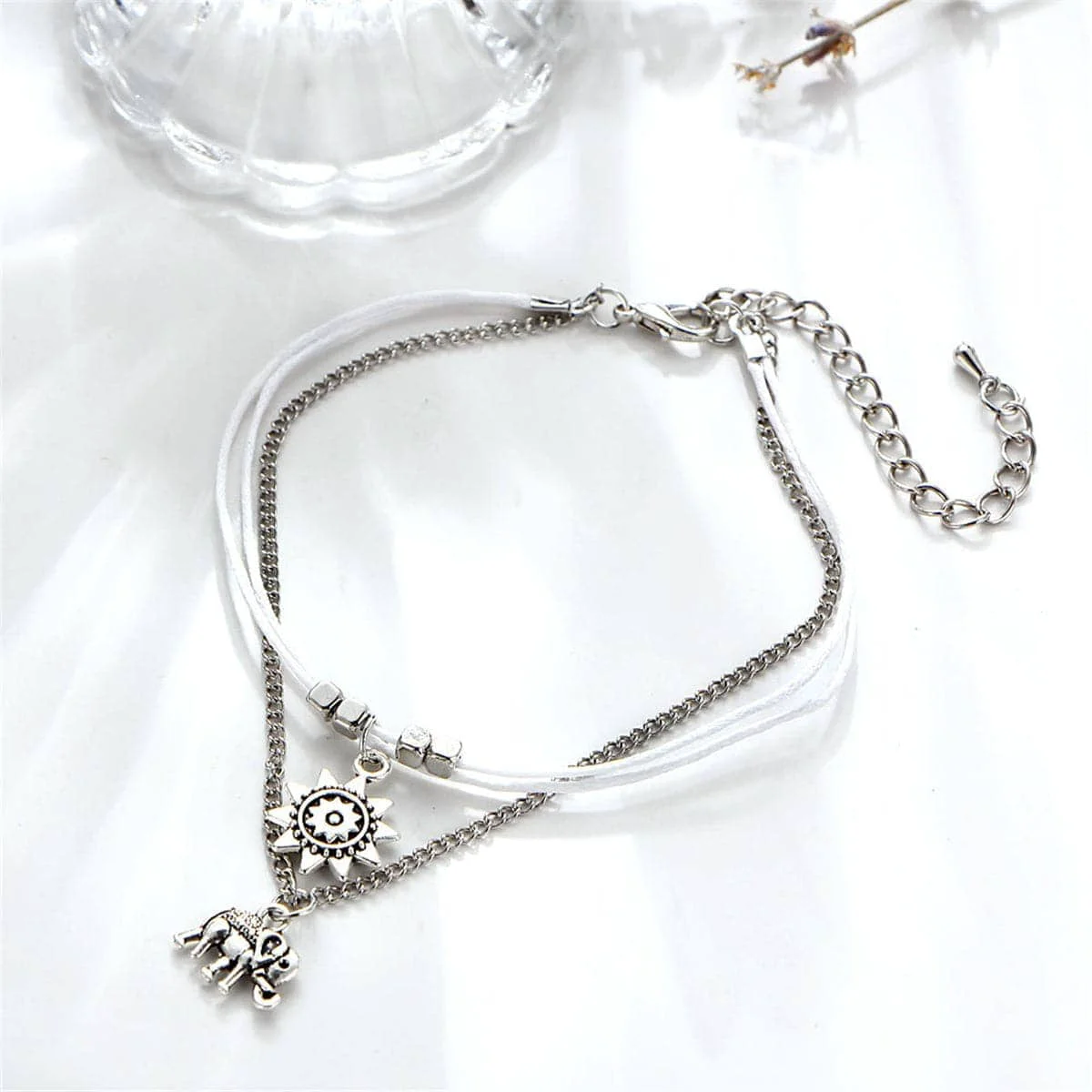 Green Silvertone Sun Elephant Cham Layered Anklet Contemporary