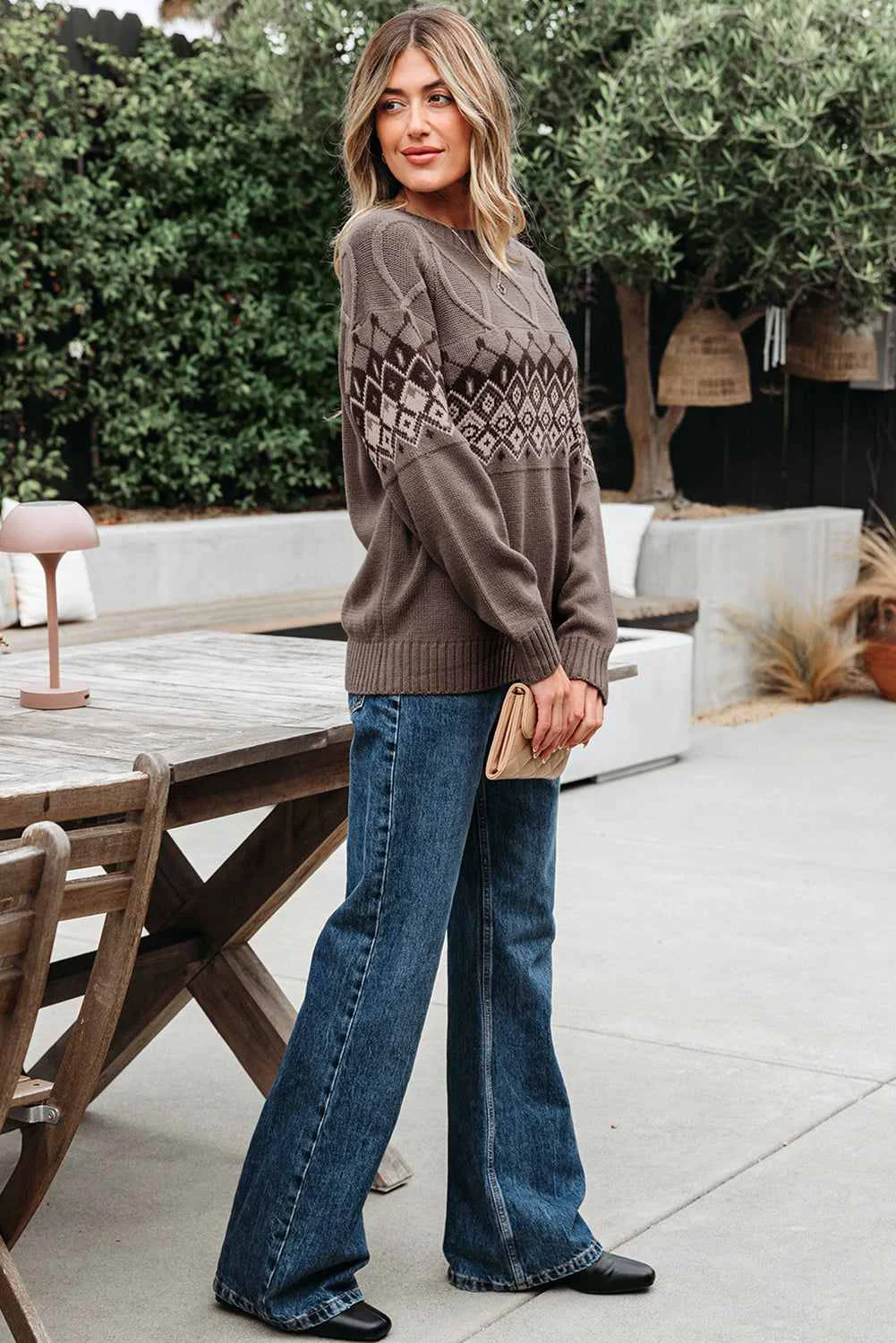 Quality Threaded Pear Alana Western Geometric Patterned Crew Neck Knitted Sweater Recyclable
