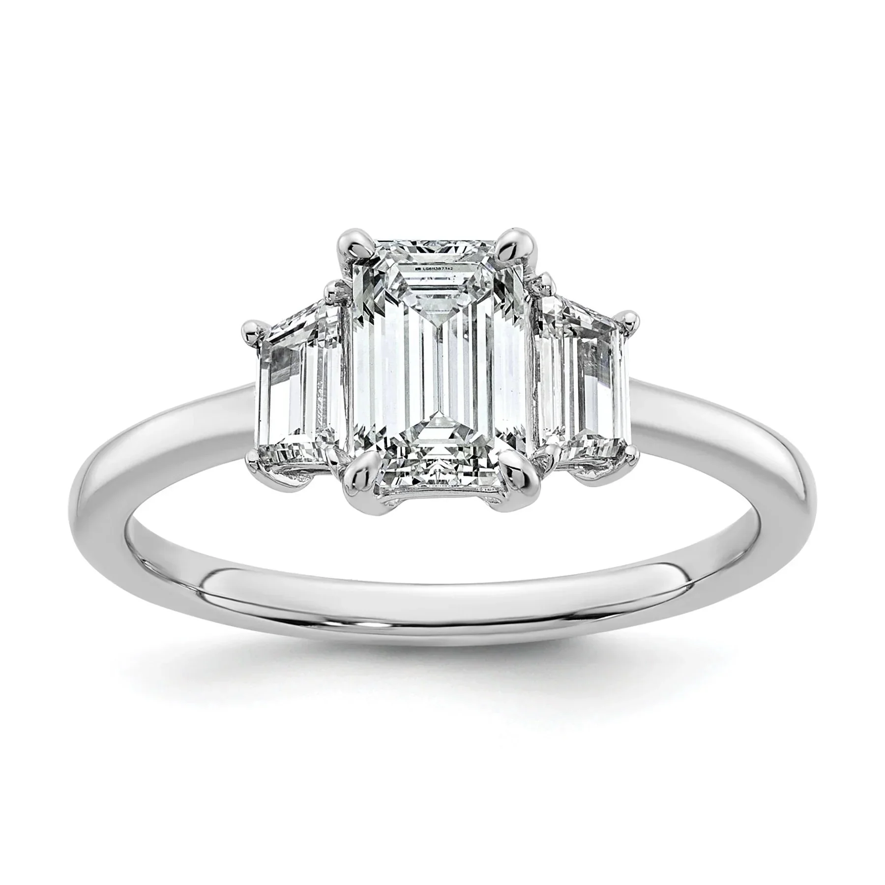Traditional 14k White Gold Diamond Emerald and Trapezoid 3-Stone Bridal Rings Functional