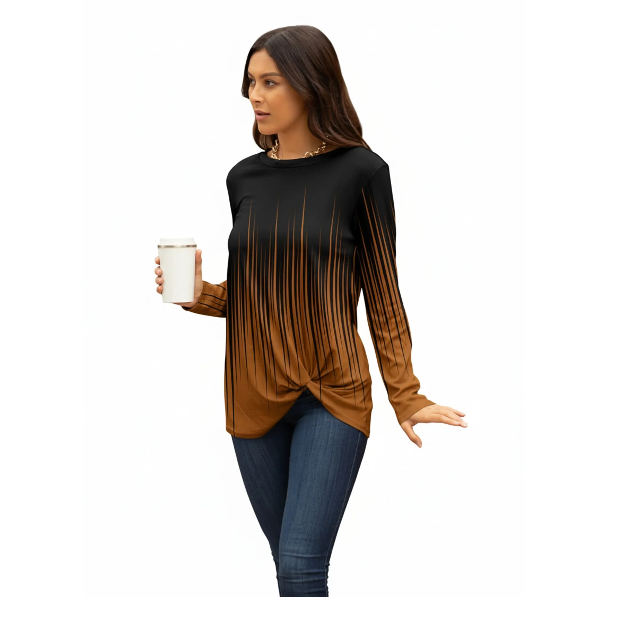 Expertly Made Lily by Firmiana Women's Long Sleeve Tunic with Twist Hem Black and Brown Geometric Print Selected