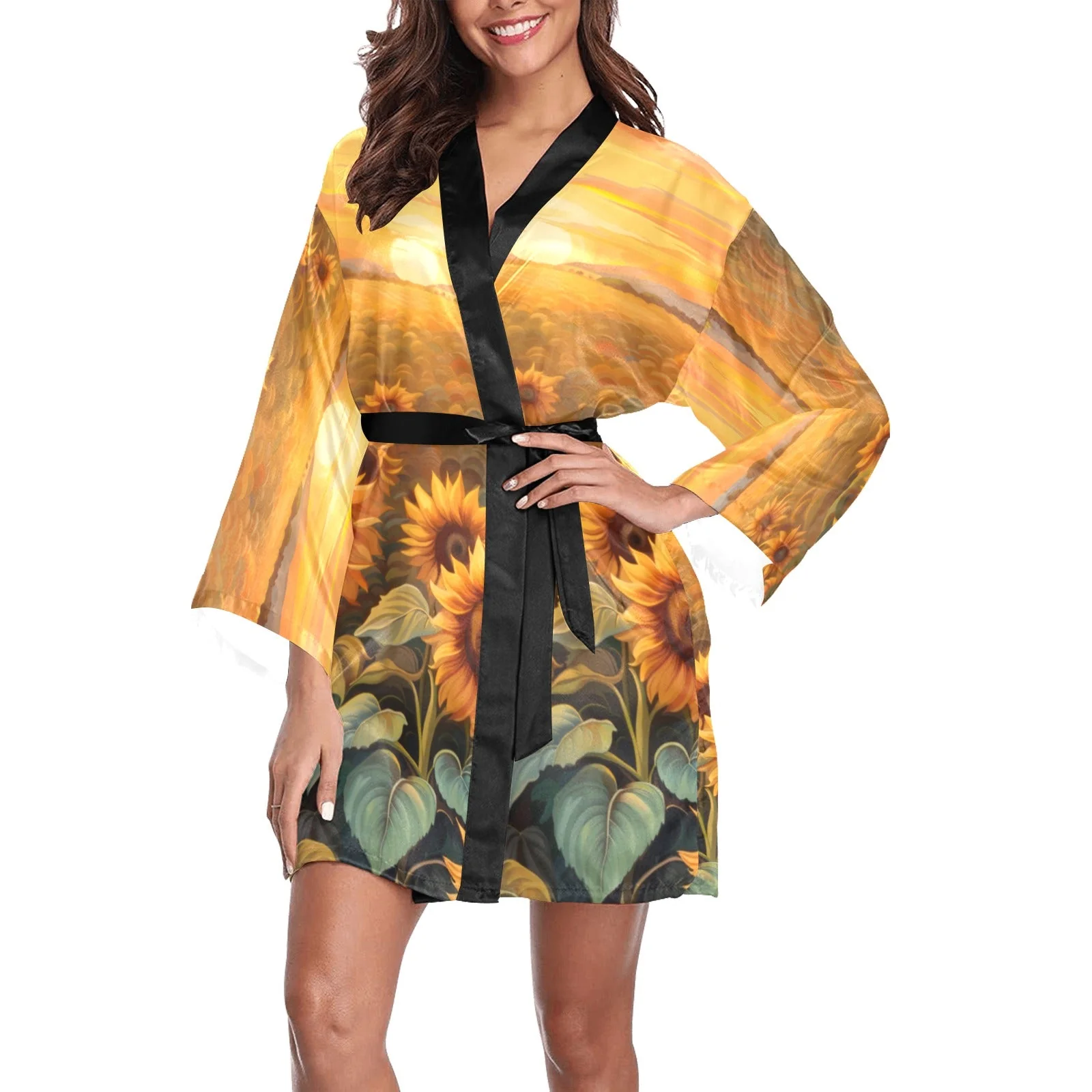 High-Performance Sunflower Field Women's Lounge Kimono Robe World-Class