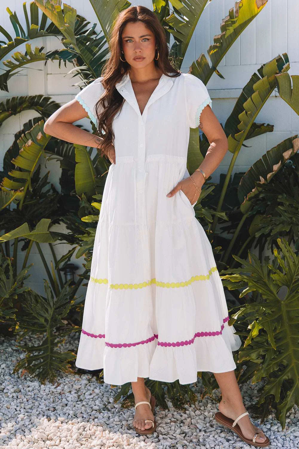 Fine Crafted Threaded Pear Aleah Rickrack Trim Short Sleeve Long Dress Breathable