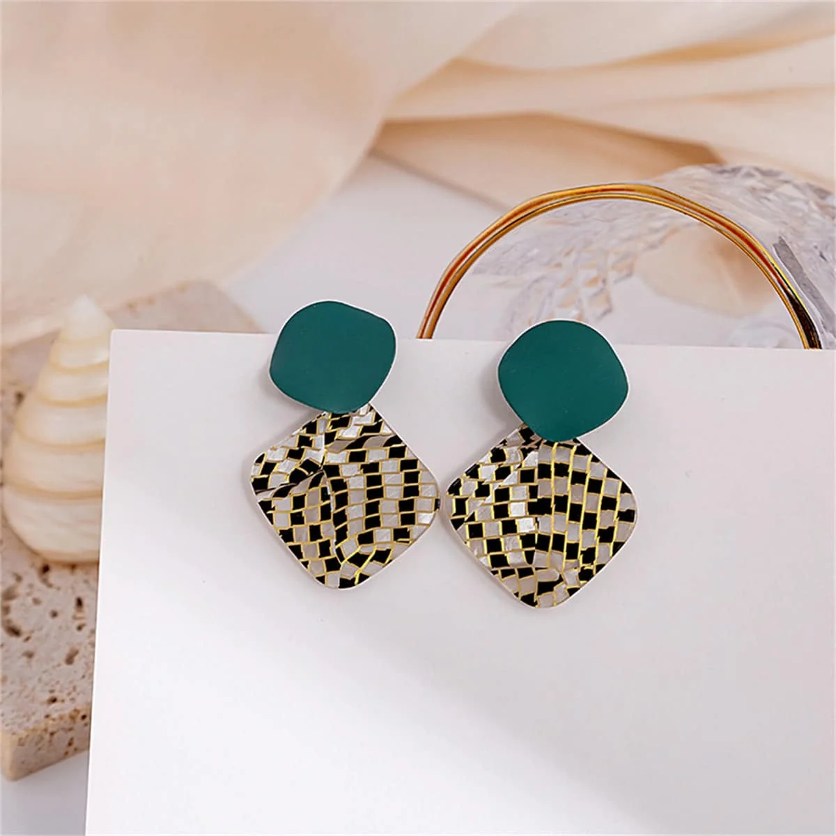 Solid Teal Enamel Acrylic Silvertone Round Rhombus Drop Earrings Sophisticated