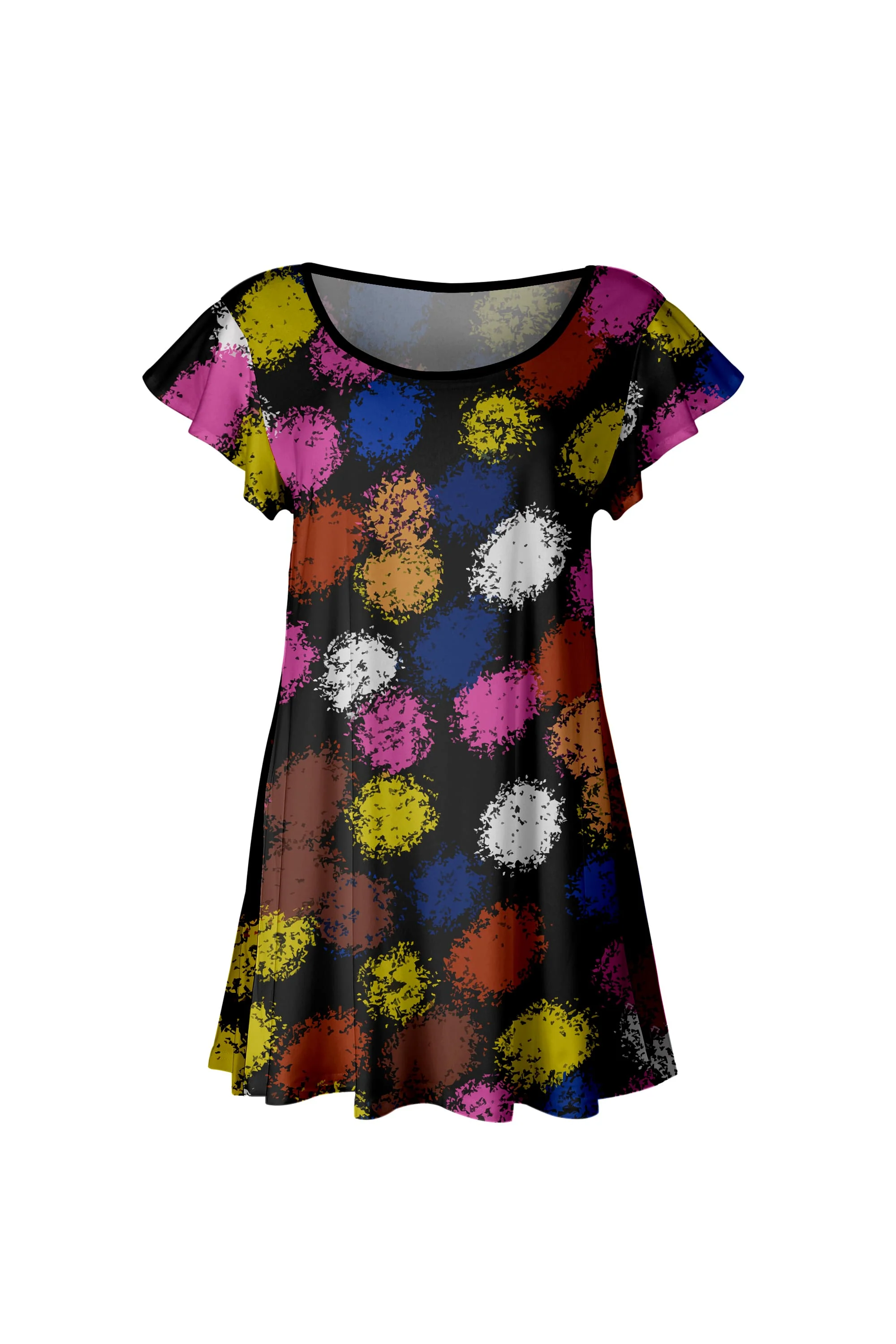 Trendy Lily by Firmiana Women s Short Sleeve Flutter Hem Tunic Top Black Colorful Floral Mix First-Class