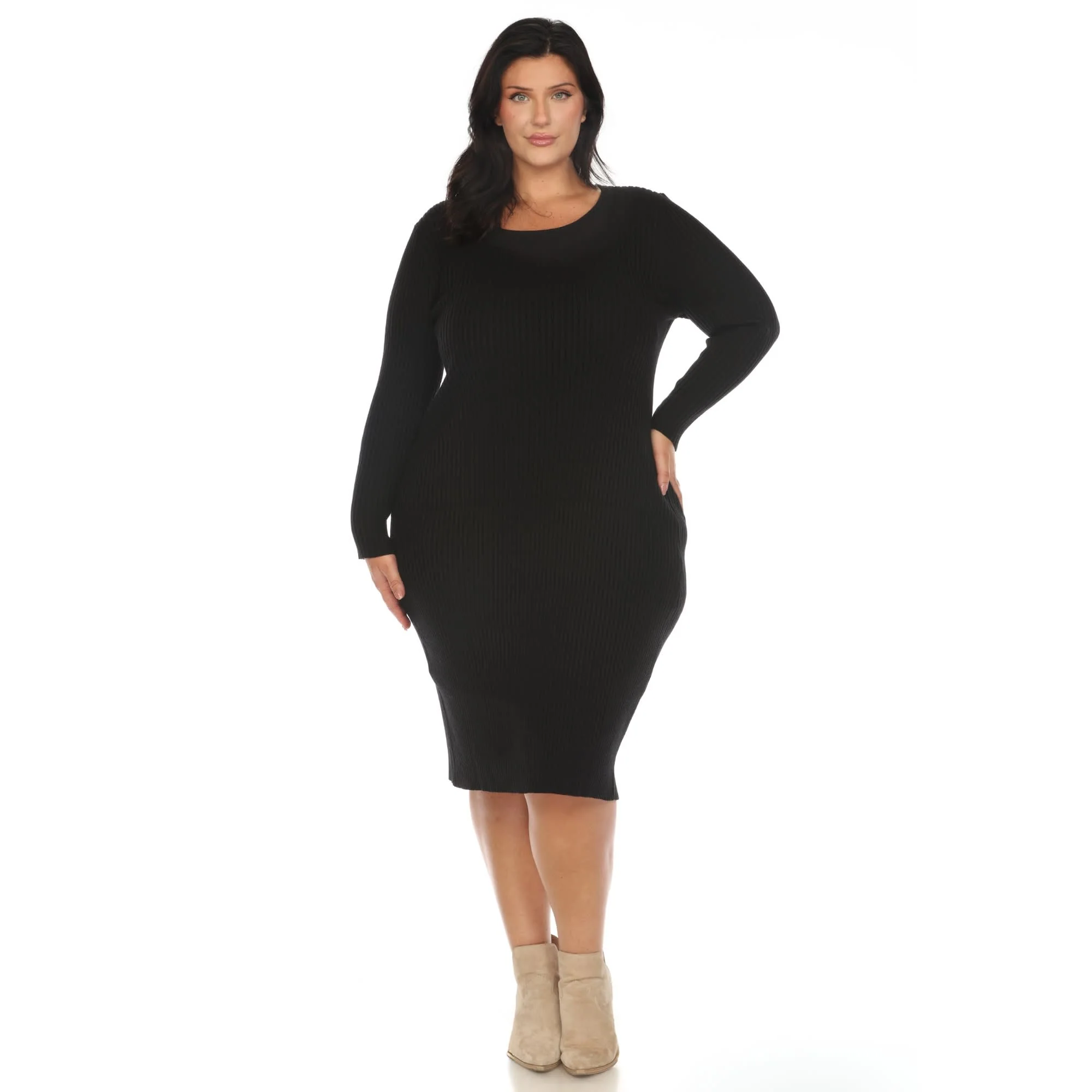User-Friendly White Mark Women's Plus Size Long Sleeve Rib Midi Sweater Dress Comfortable