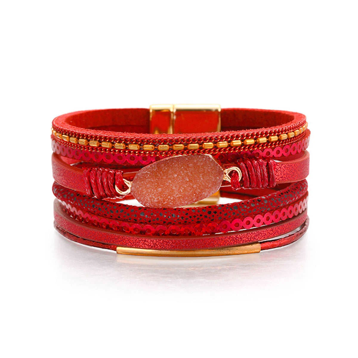 Secure Red Polystyrene Resin Goldtone Druzy Stacked Bracelet High-Performance