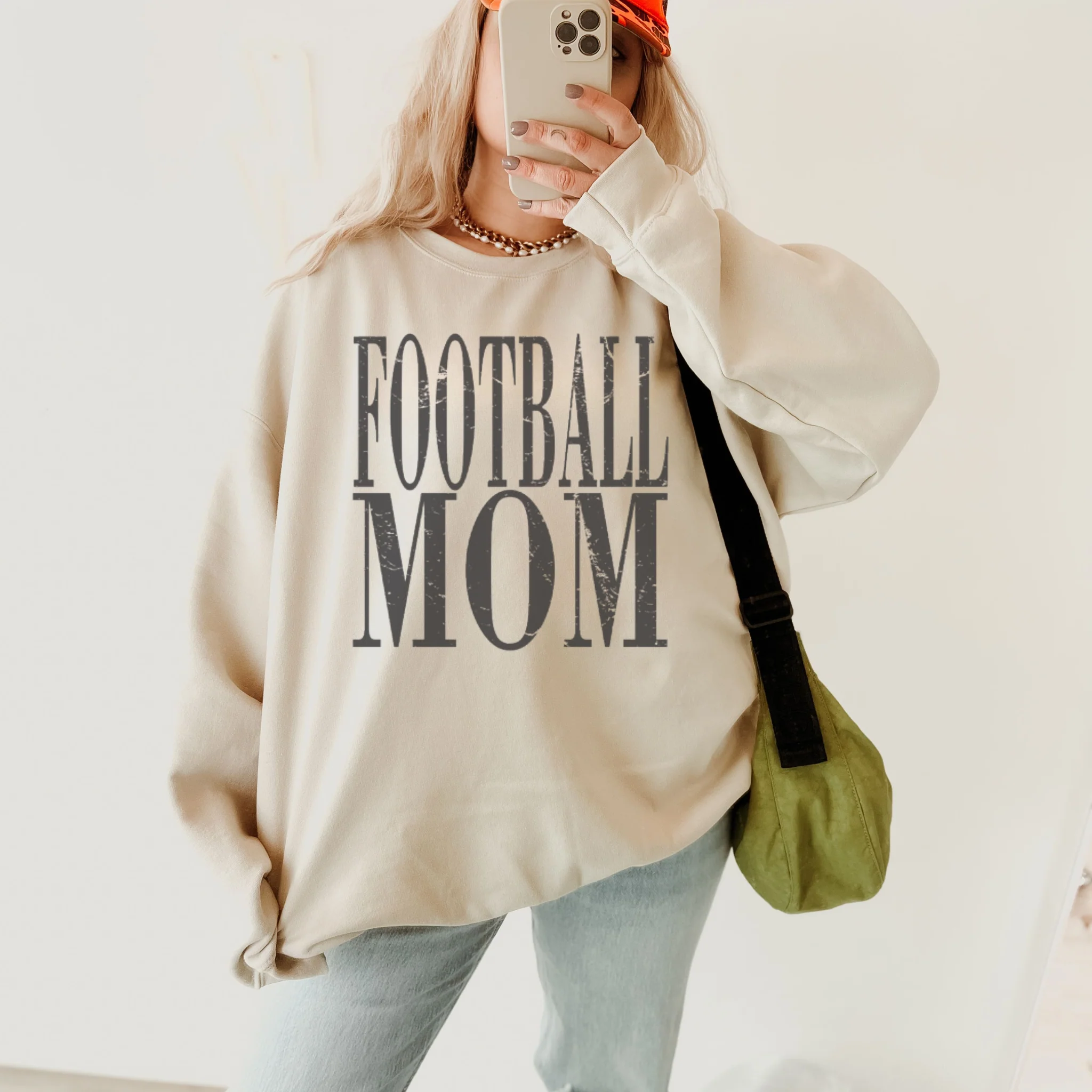 Eco-Friendly Distressed Football Mom Crewneck Sweatshirt Certified