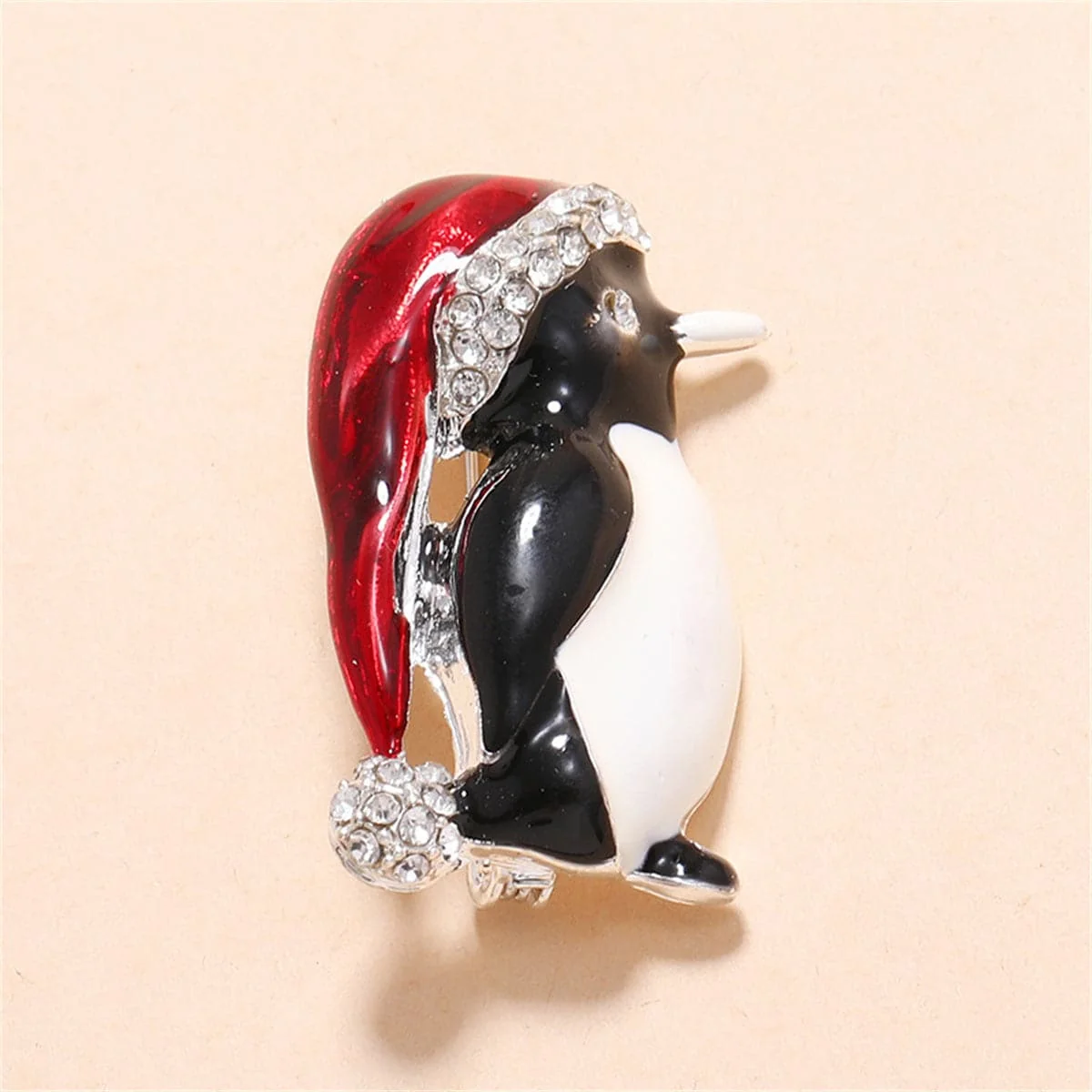 Specialty White Cubic Zirconia Red Enamel Santa Penguin Brooch Genuine