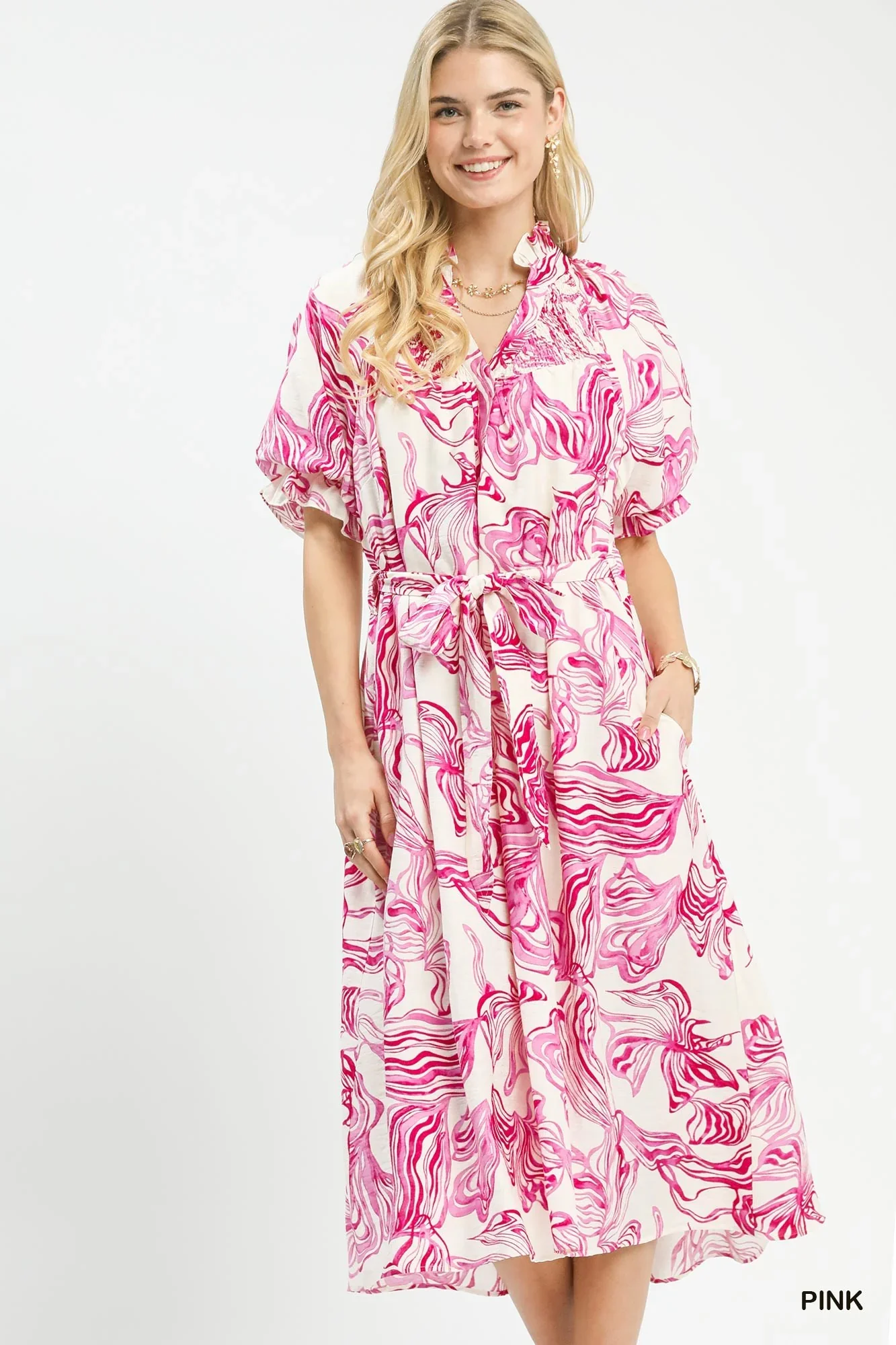 Practical Umgee Abstract Print Smocked Tie Waist Midi Dress Elite