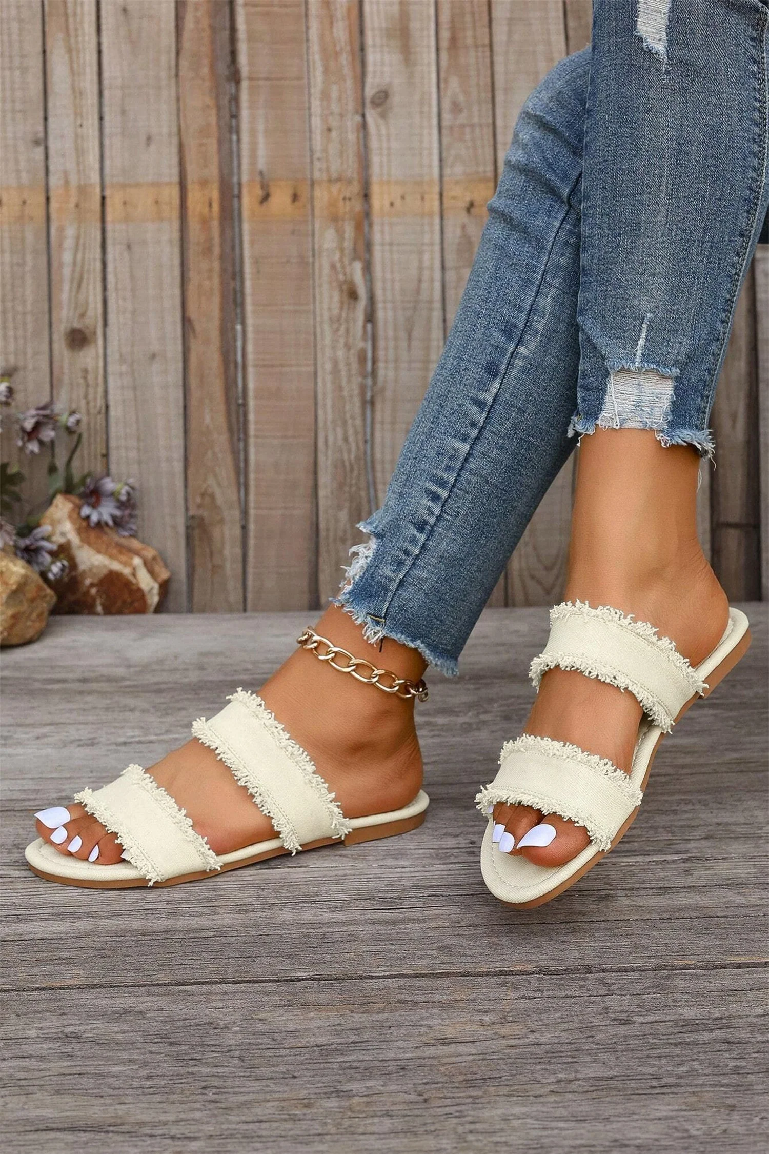 High-Quality Threaded Pear Alaiya Double Band Flat Slippers Smooth